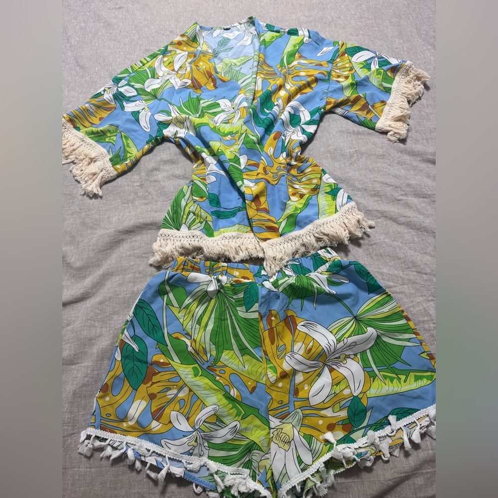 Tropical Blue & Green Floral Fringe Swim Coverup Set